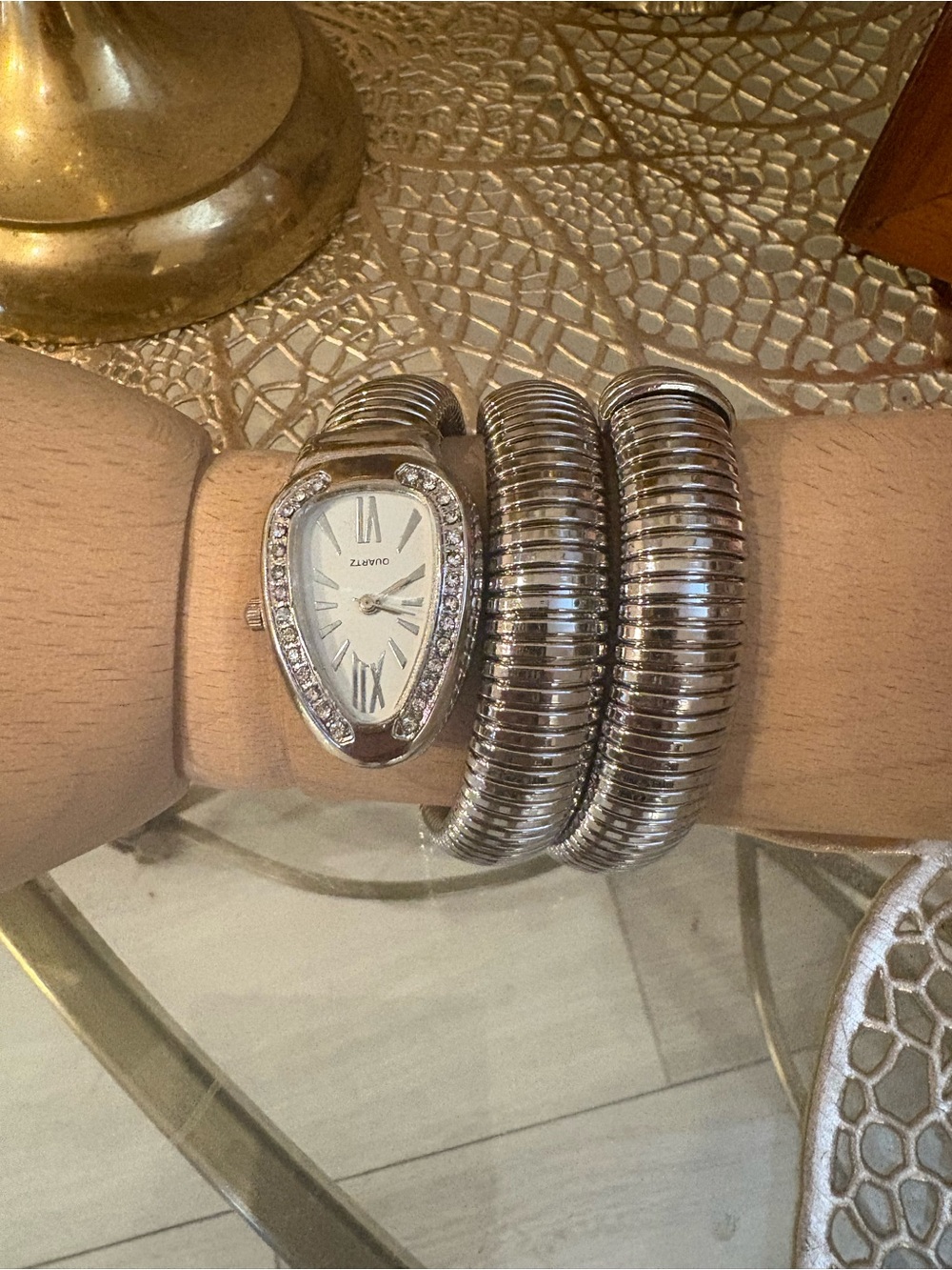 Silver Coil Wrap Women's Quartz Watch with Crystal Trim